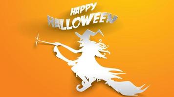 Halloween background with witch in paper art carving style. banner, poster, Flyer or invitation template party. Vector illustration.