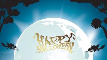 oscuro feliz halloween y bruja vuelan con luna en la ilustración del cielo azul. volante o plantilla de invitación para banner, fiesta, invitación. ilustración vectorial con lugar para el texto y el espacio de copia vector