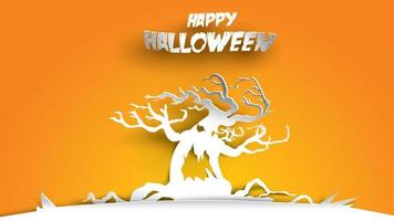 Halloween background with haunted tree in paper art carving style. banner, poster, Flyer or invitation template party. Vector illustration.