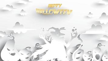 Halloween background with witch and pumpkin in paper art carving style. banner, poster, Flyer or invitation template party. Vector illustration.