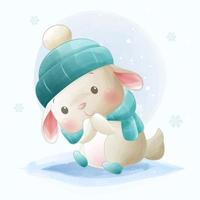 Cute cartoon white rabbit wearing a hat and scarf