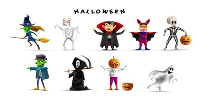 Set of halloween costume party cartoon character in realistic 3d vector