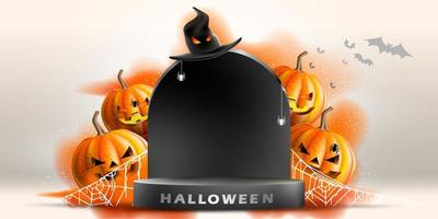 Simple podium and stage with halloween gravestone concept.Display product with witchcraft hat vector