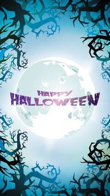 Spooky night background with full moon, scary trees and forest silhouettes. Halloween banner with copy space for greetings,for text promo or invitation to a party. Vector illustration