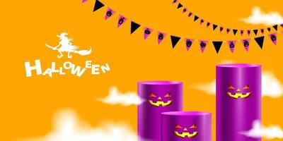 Halloween background with product display and geometric shape podium. Stand show promo with festive flag and mystical smoke vector