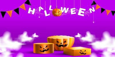 Halloween background with product display and geometric shape podium. Stand show promo with pumpkin and mystical smoke