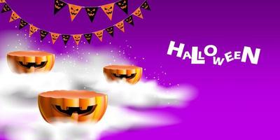 Halloween background with product display and geometric shape podium. Stand show promo with pumpkin and mystical smoke