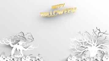 Halloween background with haunted tree and pumpkin paper art carving style. banner, poster, Flyer or invitation template party. Vector illustration.