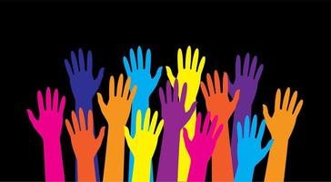 Colorful hands raised up on a black background. Design for banner, postcard, background. Vector illustration