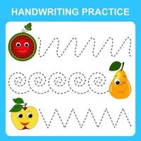 Handwriting practice sheet. Basic letter. Educational game for children. Cartoon fruits. Line tracing, spiral and zigzag. Vector illustration