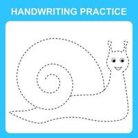 Handwriting practice sheet. Educational children game, printable worksheet for kids. Tracing lines, helix and circles with cute snail character. Vector illustration