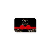 Black gift card template design with bow and red satin ribbon. Vector illustration