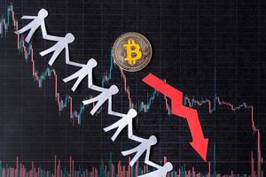 unprofitable investment of depreciation of virtual money bitcoin. red arrow, silver bitcoin and paper crowd go down on paper forex chart index background. Concept of depreciation of cryptocurrency. photo