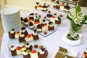 Catering. Off-site food. Buffet table with various sweet chocolate canapes, sandwiches and snacks with curd, strawberries, cheese and mint photo