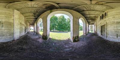 full seamless spherical hdri panorama 360 degrees angle view near wooden abandoned ruined farm barn building with columns in equirectangular projection, VR AR virtual reality content photo