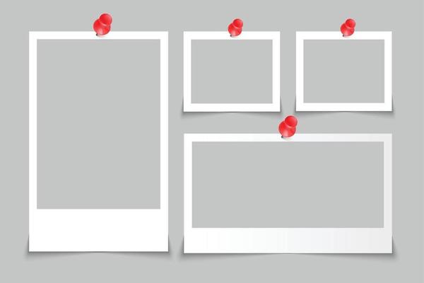 Photo Book Frames In Push Pin Attach.  Simple Design And Gray Background, Creative Concept With Free Photo Book File.