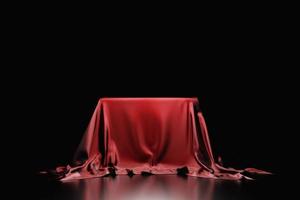 3d illustration of the texture of a red natural fabric with folds. Abstract background from natural beautiful fabric close-up. Red curtains, stage curtain photo