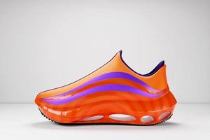 Ilustración 3d nuevas zapatillas deportivas naranjas y moradas en una enorme suela de espuma sobre fondo blanco aislado, zapatillas en un estilo feo. zapatillas de deporte de moda. foto