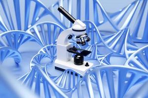 microscopio de laboratorio realista de ilustración 3d con moléculas de adn sin fondo azul. química 3d, instrumento farmacéutico, instrumento de aumento microbiológico. foto
