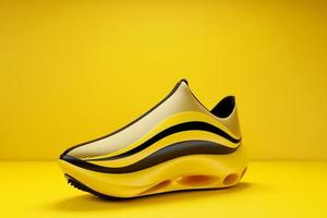 3d illustration of yellow black  sneakers with foam soles and closure under neon color on a yellow background. Sneakers side view. Fashionable sneakers. photo