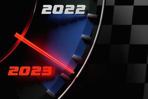 3D illustration close up black speedometer with cutoffs 2022,2023. The concept of the new year and Christmas in the automotive field. Counting months, time until the new year photo