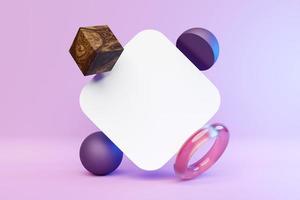 Different geometric shape rhombus, cube, ball  in purple isolated background.  Simple geometric shapes photo