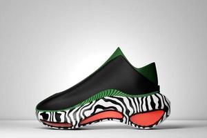 Black sneakers with animal print on the sole. The concept of bright fashionable sneakers, 3D rendering. photo