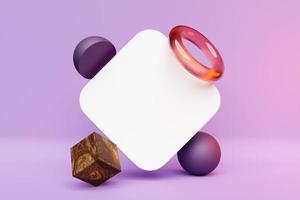 Different geometric shape rhombus, cube, ball  in purple isolated background.  Simple geometric shapes photo
