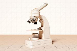 microscopio 3d realista sobre fondo monocromo, equipo de laboratorio. microscopio para la investigación de laboratorio foto