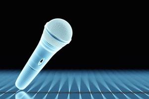 micrófono azul, modelo sobre fondo negro, ilustración 3d. premio de música, karaoke, radio y equipo de sonido de estudio de grabación foto
