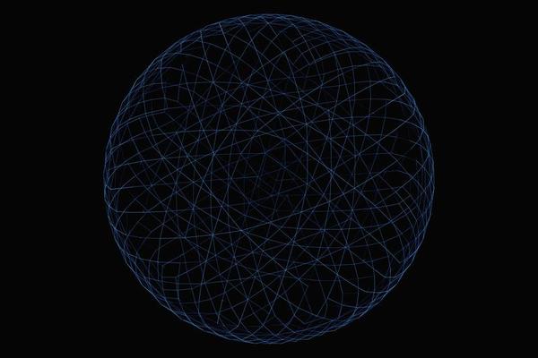 3D illustration of a    blue   metal   ball  with many faces on a  black background.  Cyber ball sphere