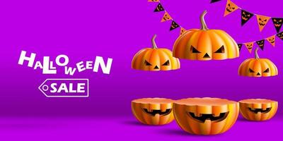 Halloween sale podium for product. Stand show and showcase with halloween concept. Stage With pumpkin for promo and discount vector