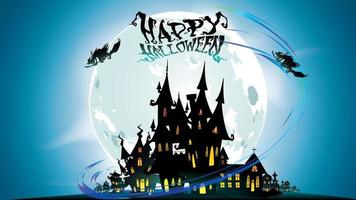 Halloween night background with pumpkin, haunted house, castle and full moon. Flyer or invitation template for banner, party, Invitation . Vector illustration with place for your Text