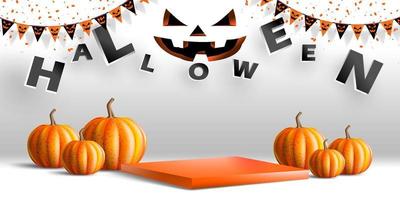 Geometric podium for product with halloween concept.Halloween stage with pumpkin in simple style vector