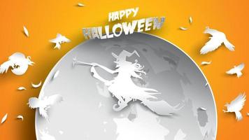 Halloween background with witch, crow, moon and broomstick in paper art carving style. banner, poster, Flyer or invitation template party. Vector illustration.