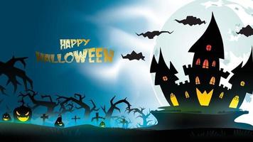 Halloween night background with pumpkin, haunted house, castle and full moon. Flyer or invitation template for banner, party, Invitation . Vector illustration with place for your Text and copy space