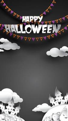 Halloween background with pumpkin, haunted house in paper art carving style. banner, poster, Flyer or invitation template party. Vector illustration.