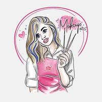 Makeup artist, beauty beauty master, handwritten inscription, girl with brushes in her hands vector