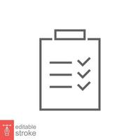 Clipboard checklist icon. Simple outline style. Document with checkmark, business agreement concept. Thin line vector illustration isolated on white background. Editable stroke EPS 10.