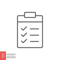 Clipboard checklist icon. Simple outline style. Document with checkmark, business agreement concept. Thin line vector illustration isolated on white background. Editable stroke EPS 10.