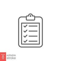 Clipboard checklist icon. Simple outline style. Document with checkmark, business agreement concept. Thin line vector illustration isolated on white background. Editable stroke EPS 10.