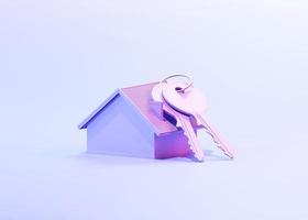 llaves de casa con casa en miniatura. renderizado 3d foto