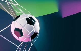 balón de fútbol en la portería sobre fondo azul. renderizado 3d foto