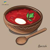 Dish of national Ukrainian cuisine, borsch in a clay plate and a wooden spoon on a beige background, flat vector