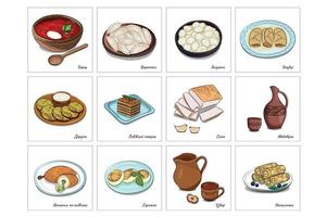 Set of 12 dishes of national Ukrainian cuisine, names of dishes in Ukrainian, flat vector, isolate on white vector