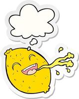 cartoon squirting lemon and thought bubble as a printed sticker vector