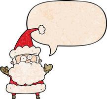 cartoon confused santa claus shurgging shoulders and speech bubble in retro texture style vector