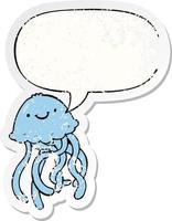 cartoon happy jellyfish and speech bubble distressed sticker vector