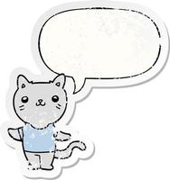 cartoon cat and speech bubble distressed sticker vector