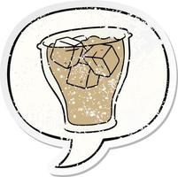 vaso de dibujos animados de cola y hielo y etiqueta engomada angustiada de la burbuja del habla vector